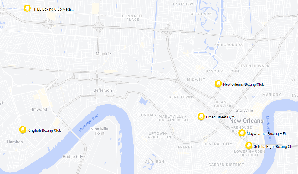 Map of boxing gyms in New Orleans
