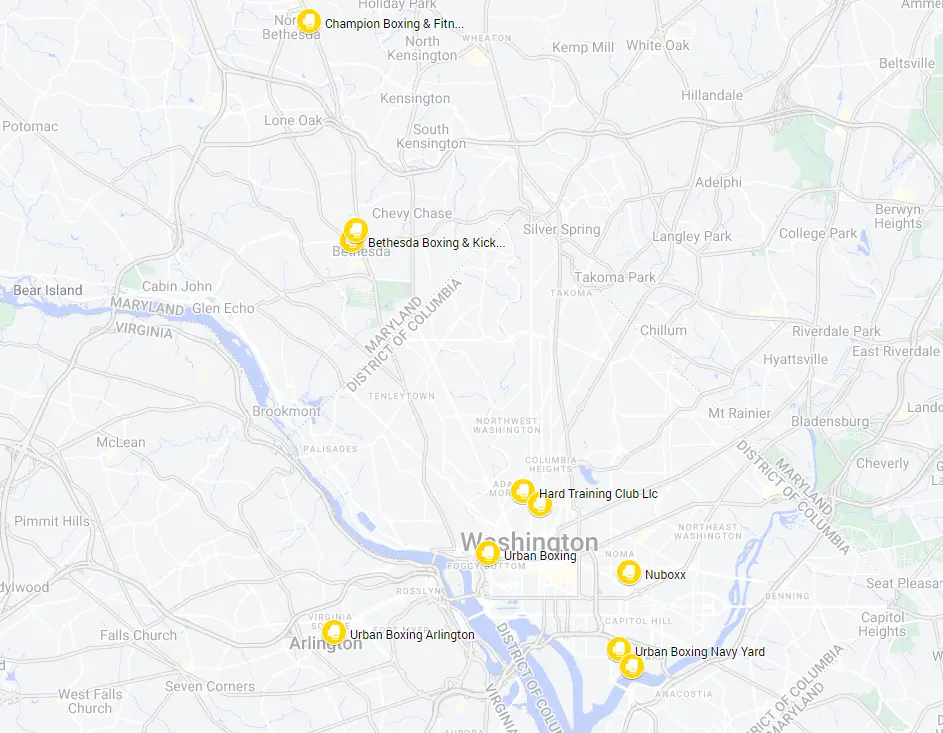 Map of the best boxing gyms in Washington DC
