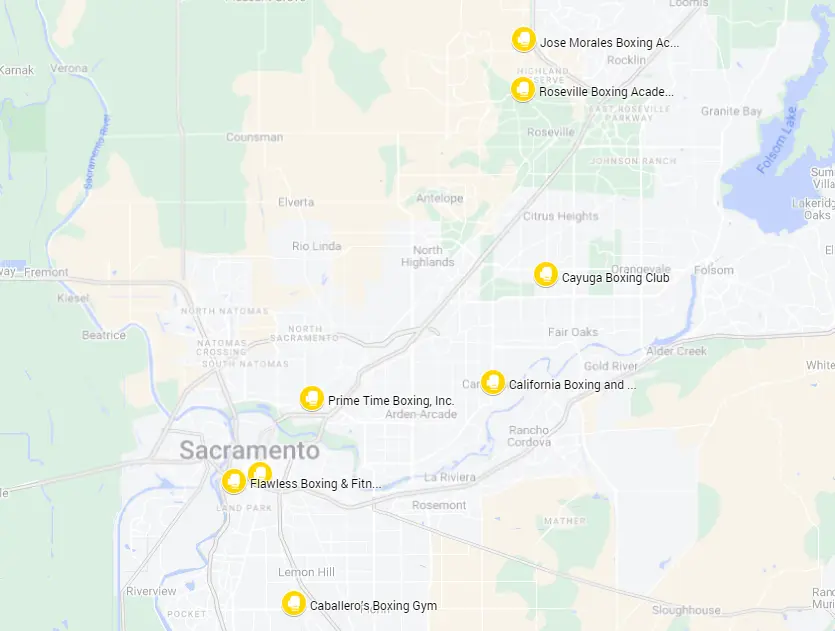 Map of boxing gyms in Sacramento