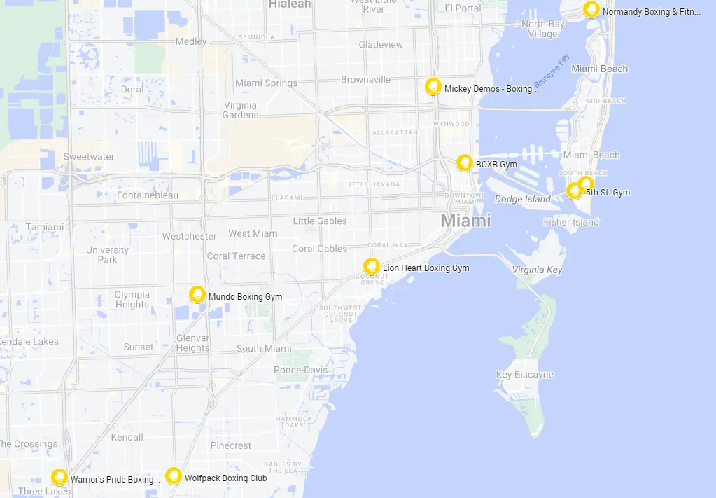 A map of the best boxing gyms in Miami