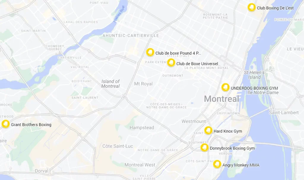 A map of the best boxing gyms in Montreal 
