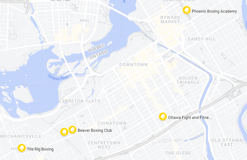 A map of the best boxing gyms in Ottawa