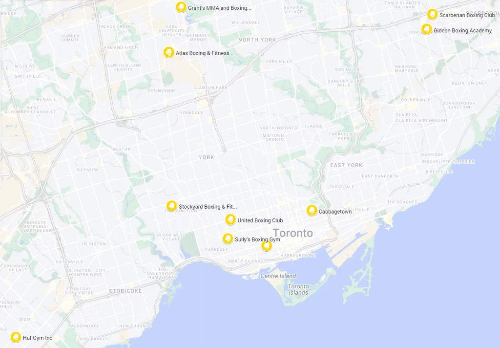 A map of the best boxing gyms in Toronto