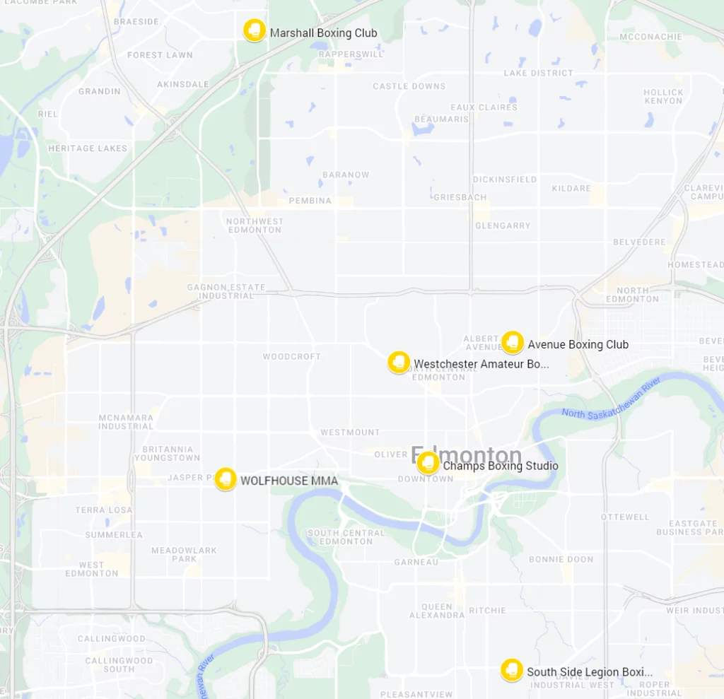 A map of the best boxing gyms in Edmonton