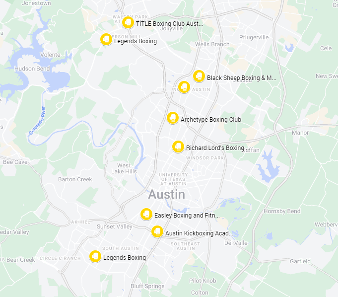 A map of the Austin boxing gyms 