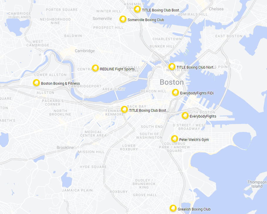 A map of boston boxing gyms 