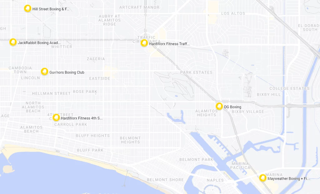 A map of Long Beach boxing gyms