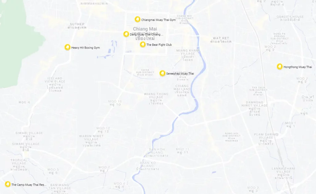 A map of the best muay thai gyms in Chiang Mai